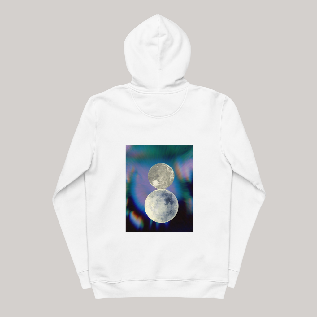 White hoodie 'Materialise' with back graphic of 2 moons inside trippy rectangle, streetwear white hoodie by AETERIUS 