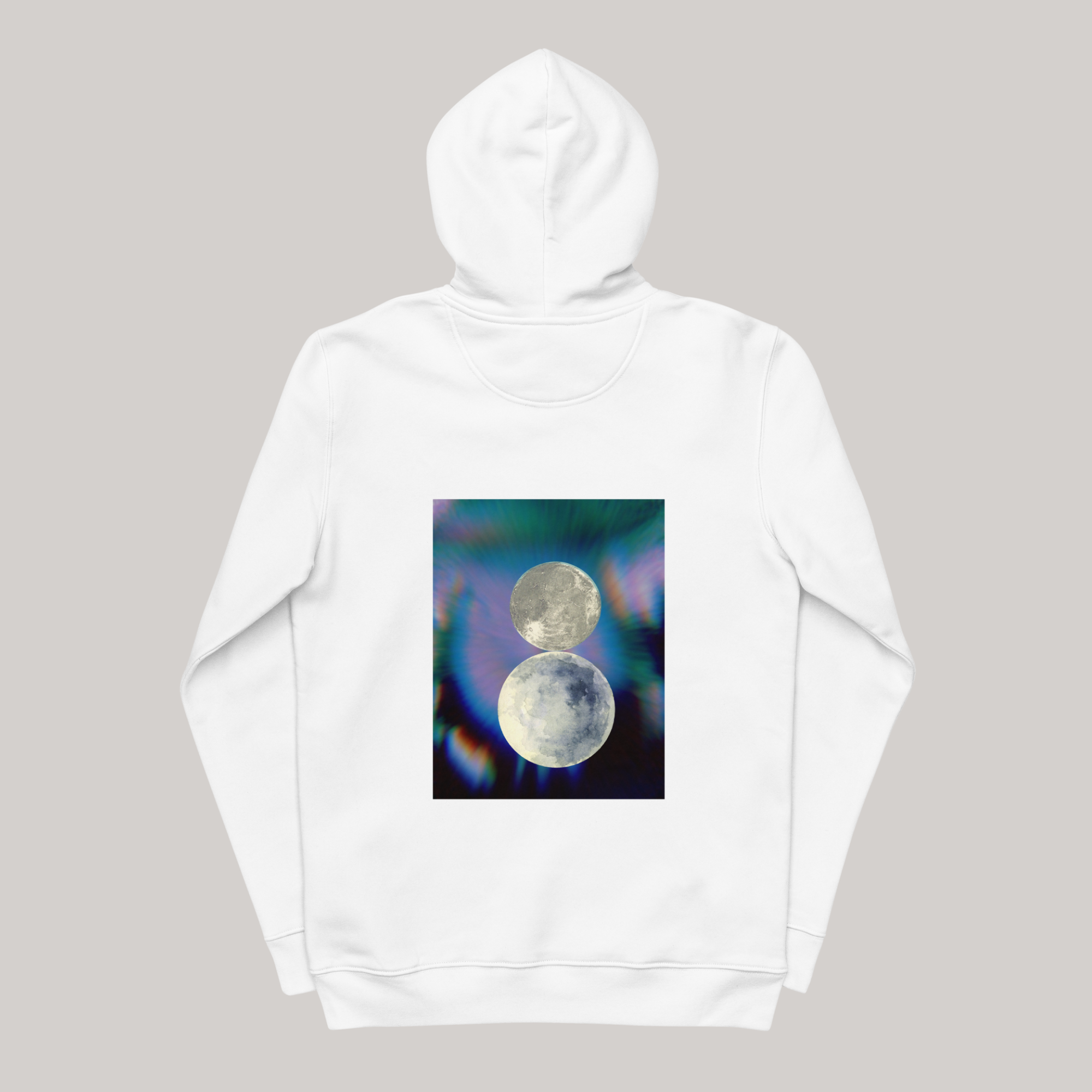 White hoodie 'Materialise' with back graphic of 2 moons inside trippy rectangle, streetwear white hoodie by AETERIUS 