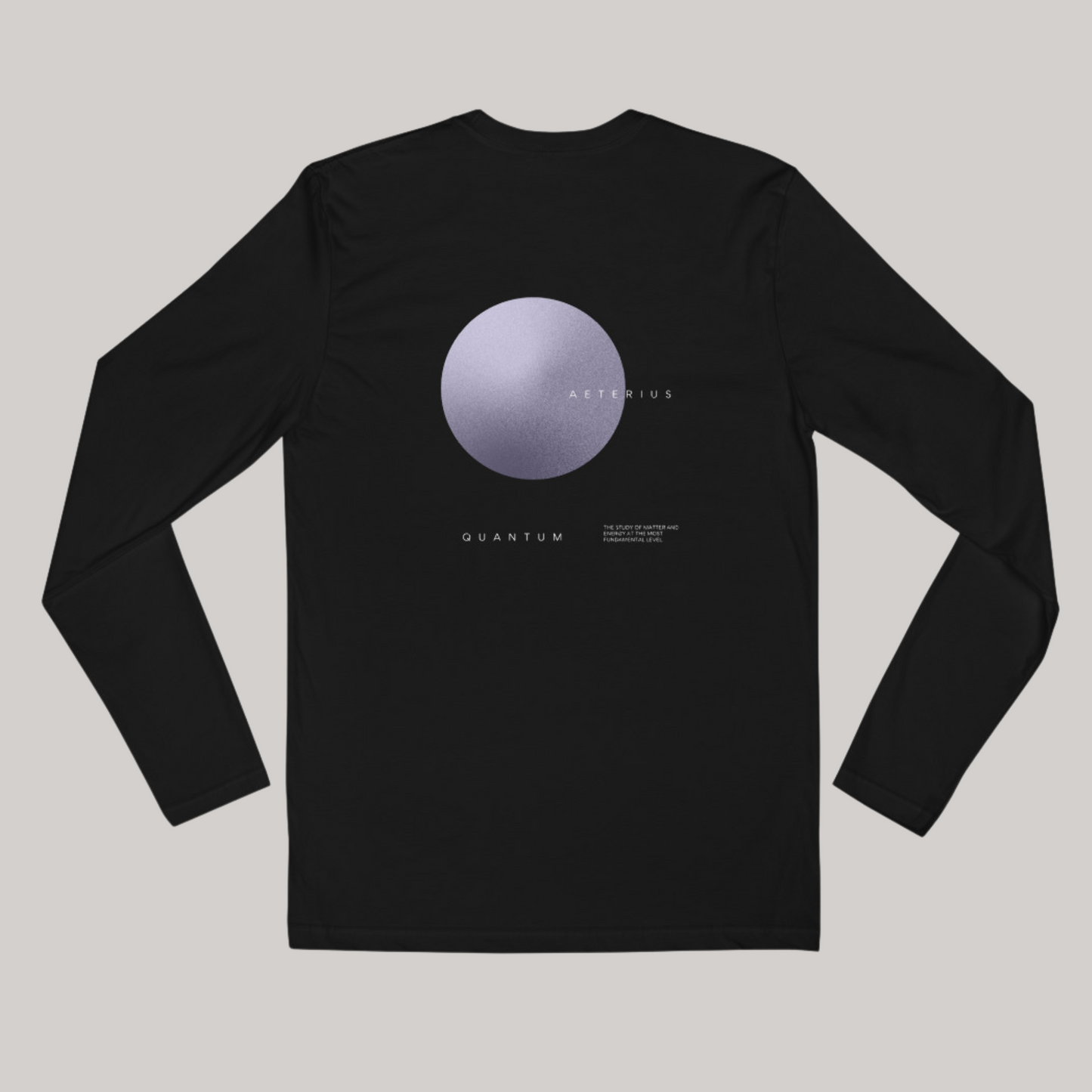 unisex black long sleeved fitted t-shirt; back minimalistic design. Cosmic sphere, QUANTUM. 100% combed ring-spun cotton
