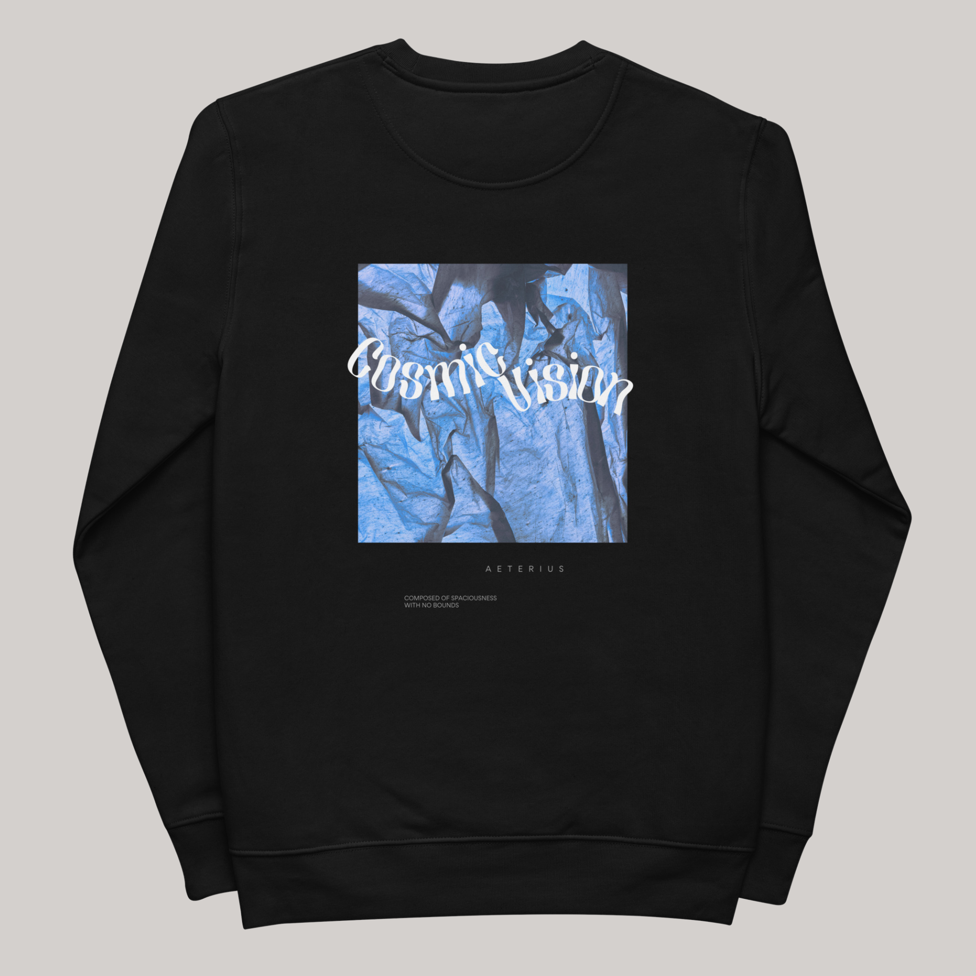 Cosmic Vision black crewneck sweatshirt with back design graphic hoodie aeterius streetwear
