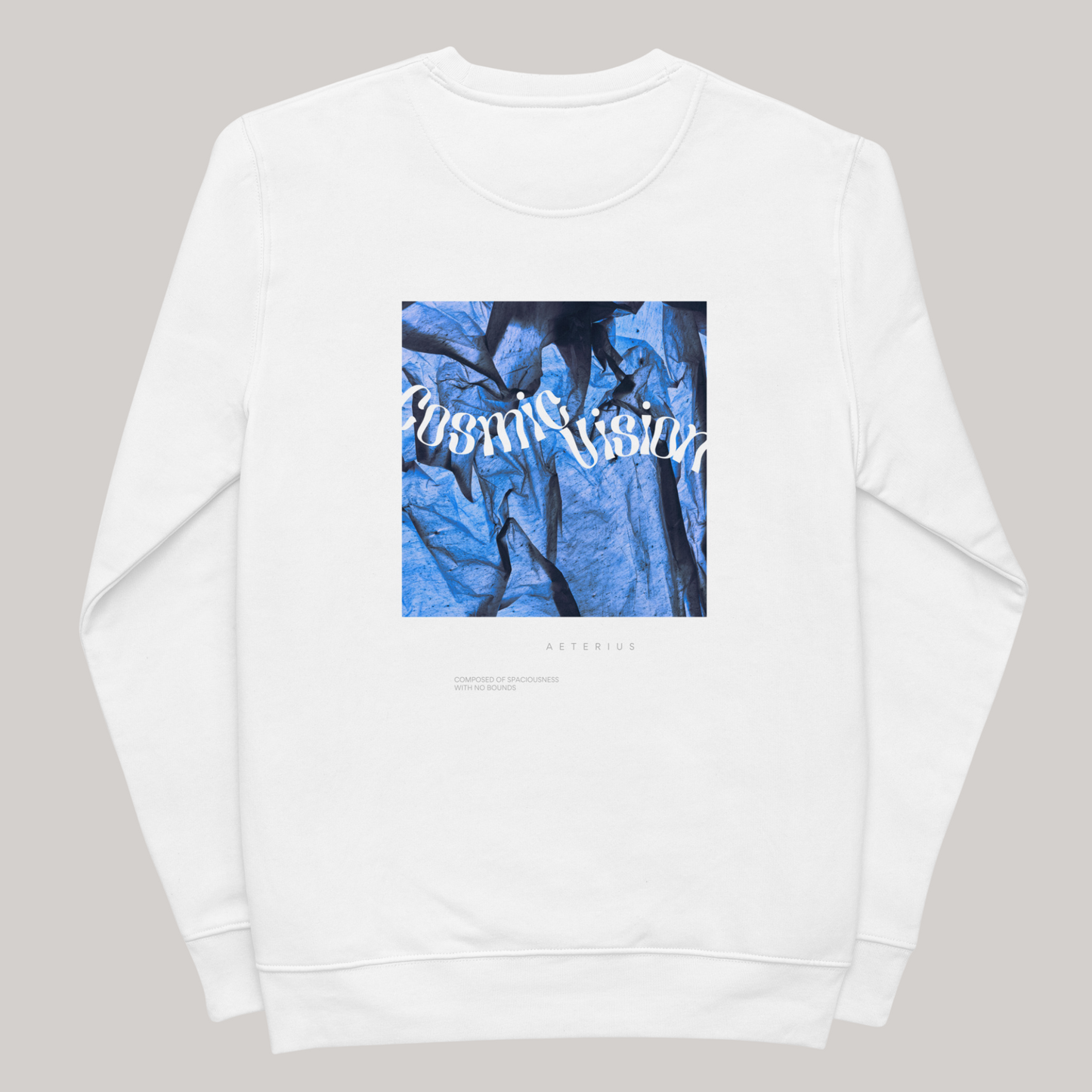 white crewneck sweatshirt graphic black and blue, luxury streetwear, 'cosmic vision' white crewneck AETERIUS