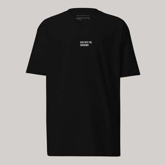 luxury streetwear black t-shirt oversized with 'dive into the unknown' central white embroidery by AETERIUS