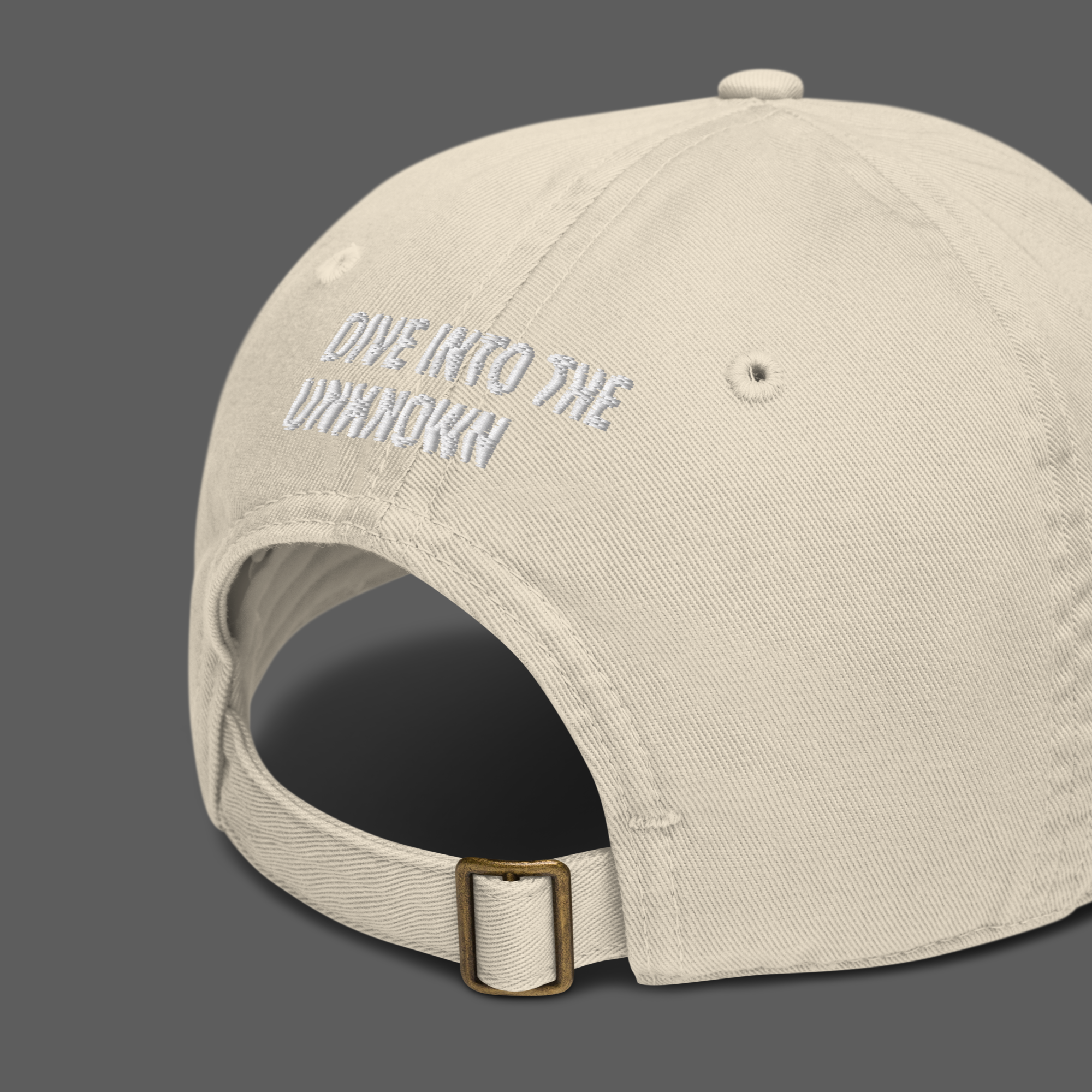 beige cap 'dive into the unknown' back embroidery in white, aeterius streetwear accessory