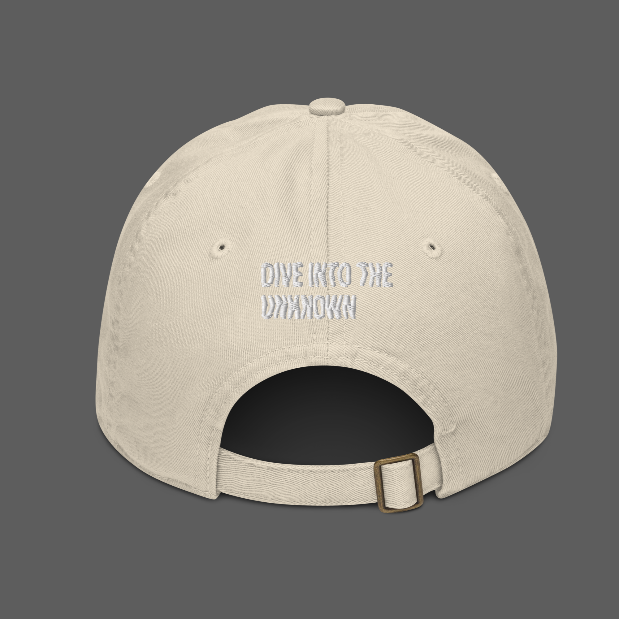 back side embroidered beige cap 'dive into the unknown' luxury streetwear urban style