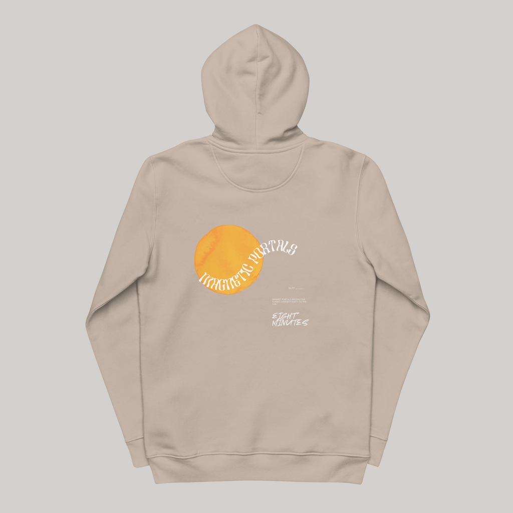 desert dust beige light brown hoodie back: flat demo, magnetic portals design featuring yellow sun: EIGHT MINUTES 