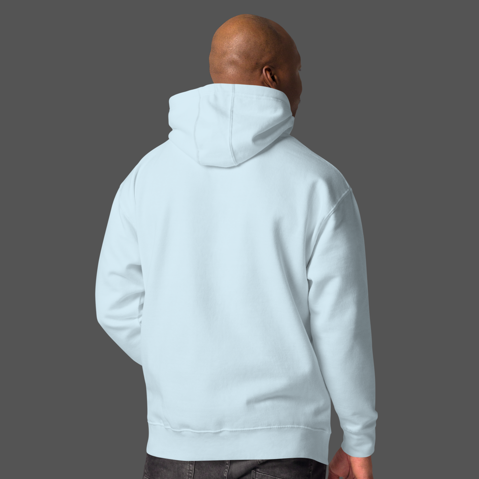 back side of light blue hoodie