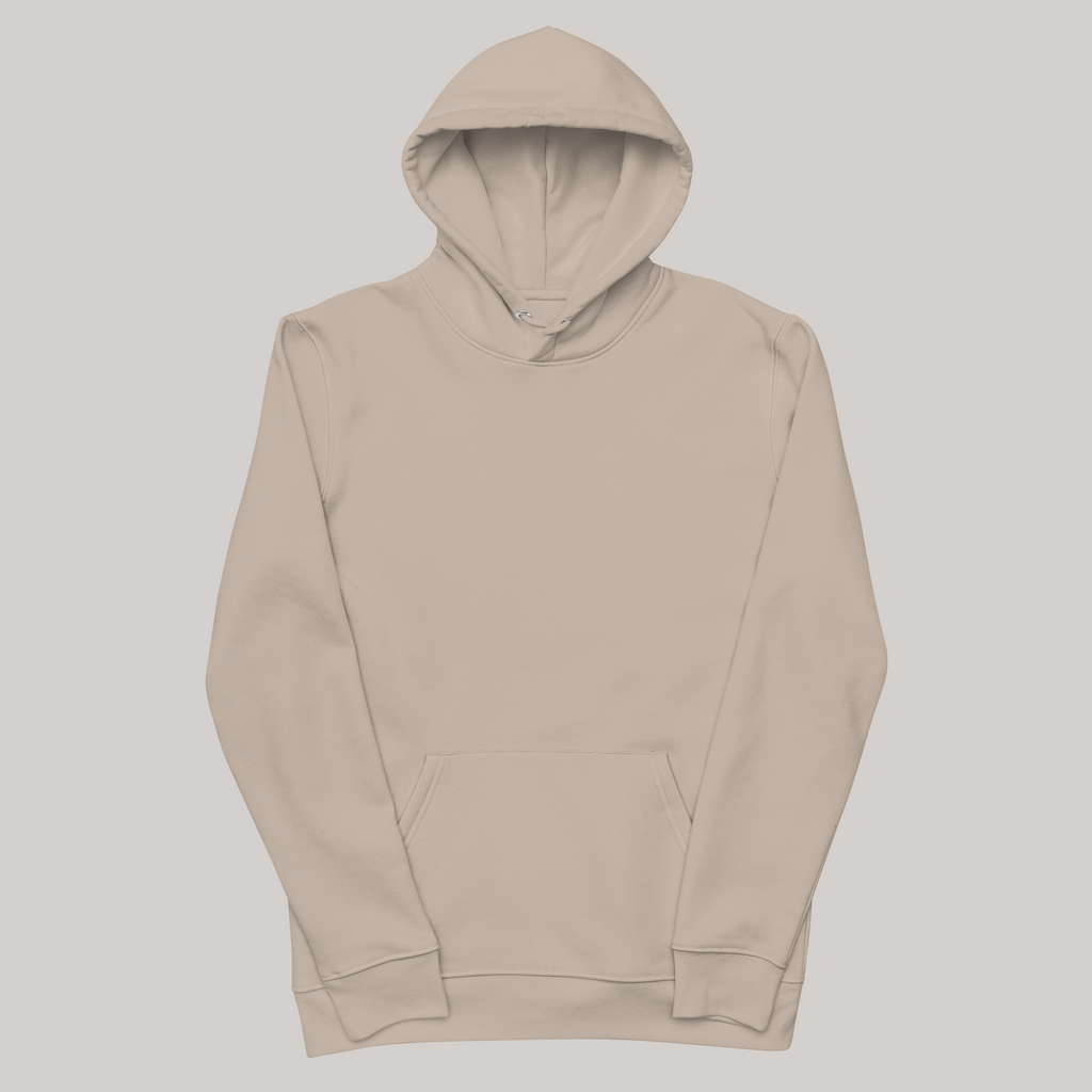 beige light brown hoodie front demo: pouch pockets, premium organic cotton- magnetic portals