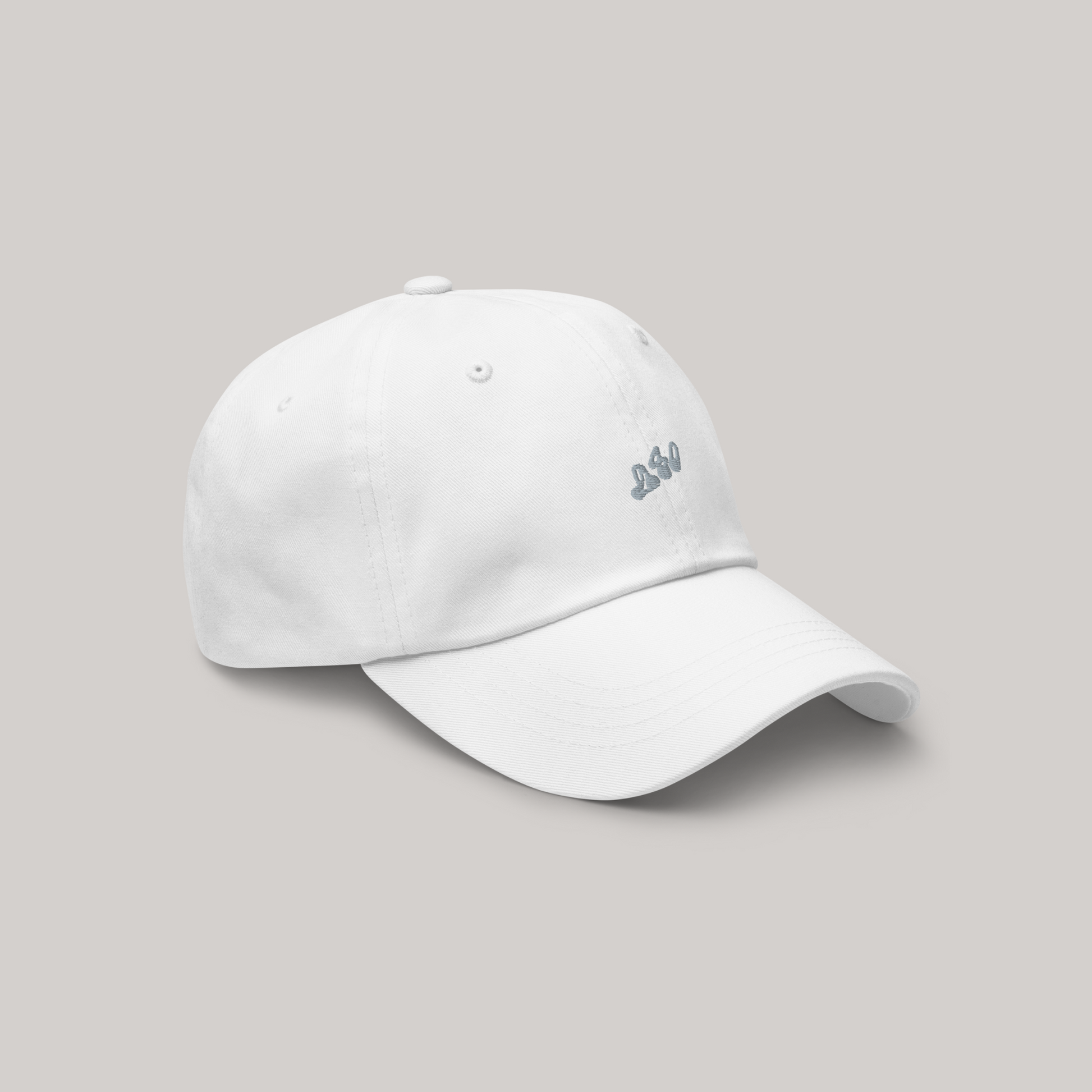Side view of streetwear white cap hat, 980 grey embroidery, aeterius luxury streetwear headwear