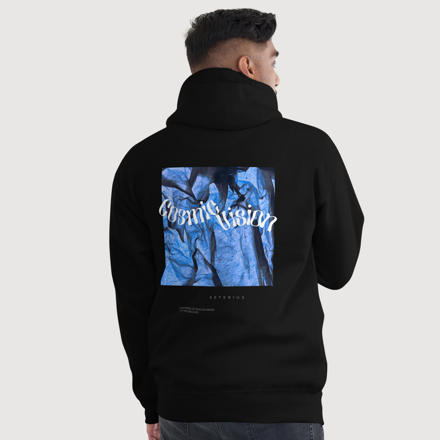 streetwear black hoodie AETERIUS COSMIC VISION black and blue graphic