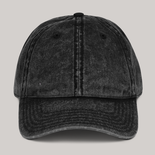 Frontside of black cap edition. Washed out vintage-retro denim color. Simple, streetwear, back embroidery