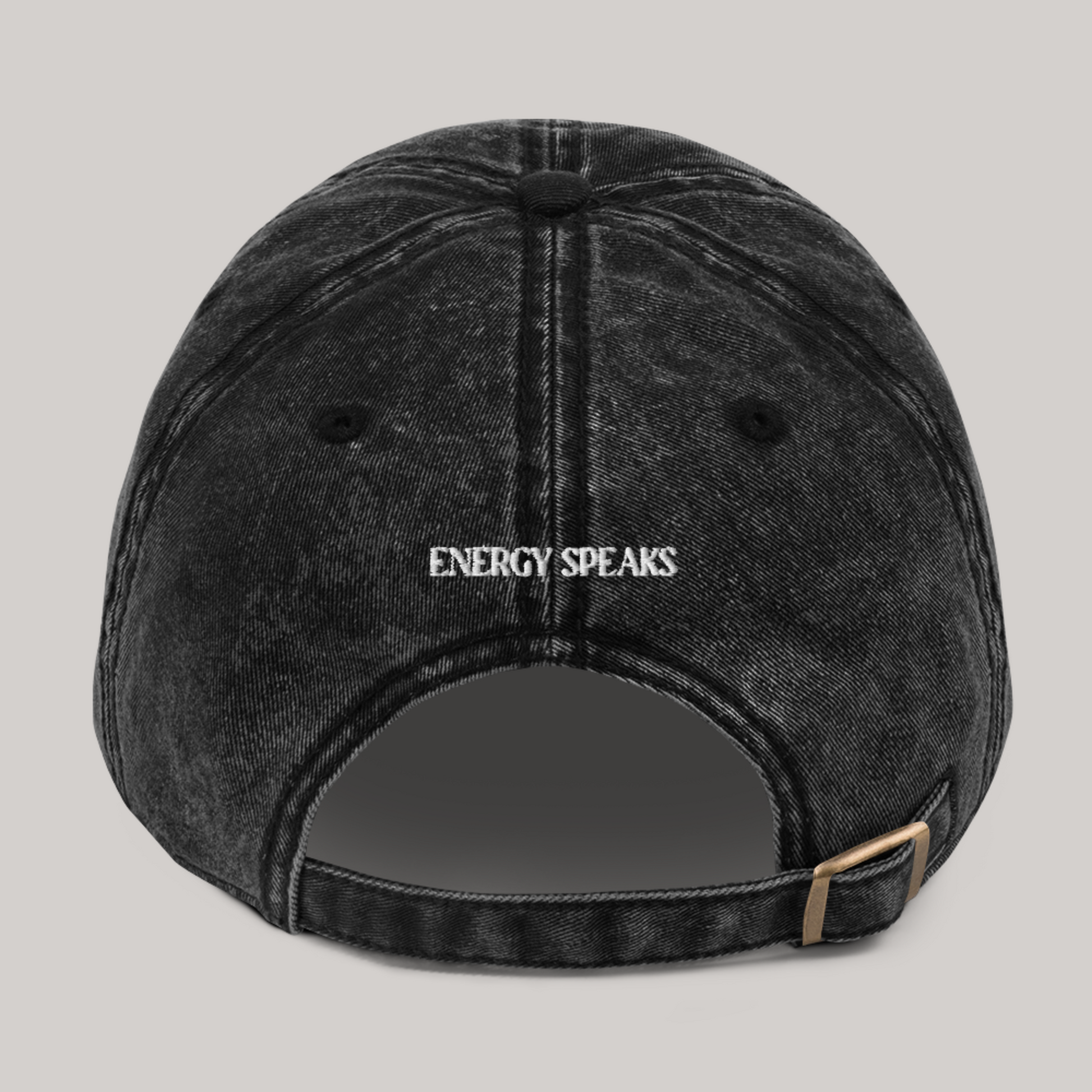 Energy speaks cap: black edition. Washed out effect, back text embroidery. Adjustable metal buckle