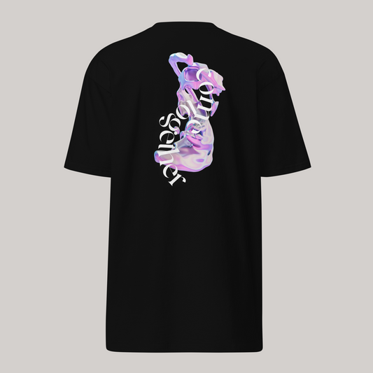 come together black t shirt: graphic tee with back design of pink plasma shape and white curved fonts in vertical layout 'come together':  AETERIUS t-shirt