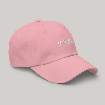 diagnonal view of centered ultramind aeterius pink dad cap hat embroidered streetwear luxury accessory