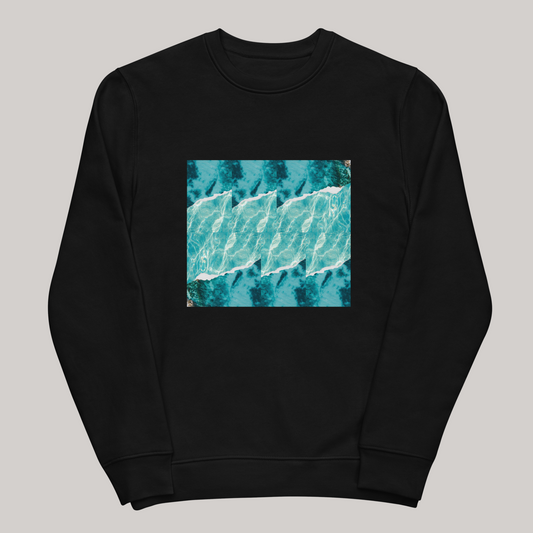Crystalized ocean graphic hoodie, black crewneck sweatshirt with black and blue graphic design on the front