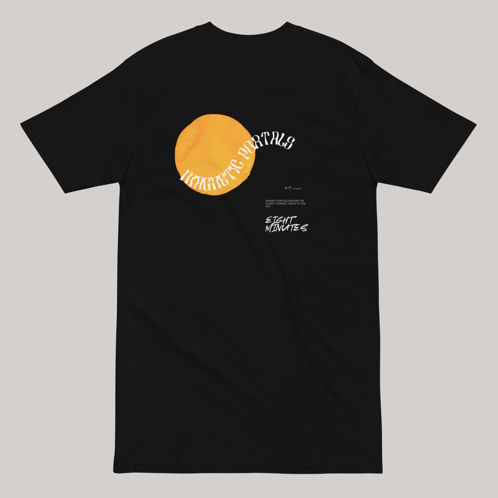 black t-shirt oversized relaxed fit cosmic streetwear magnetic portals back design yellow planetary sphere nasa lovers of astronomy science 