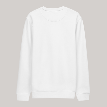 back of white crewneck sweatshirt, luxury streetwear crewneck of white color