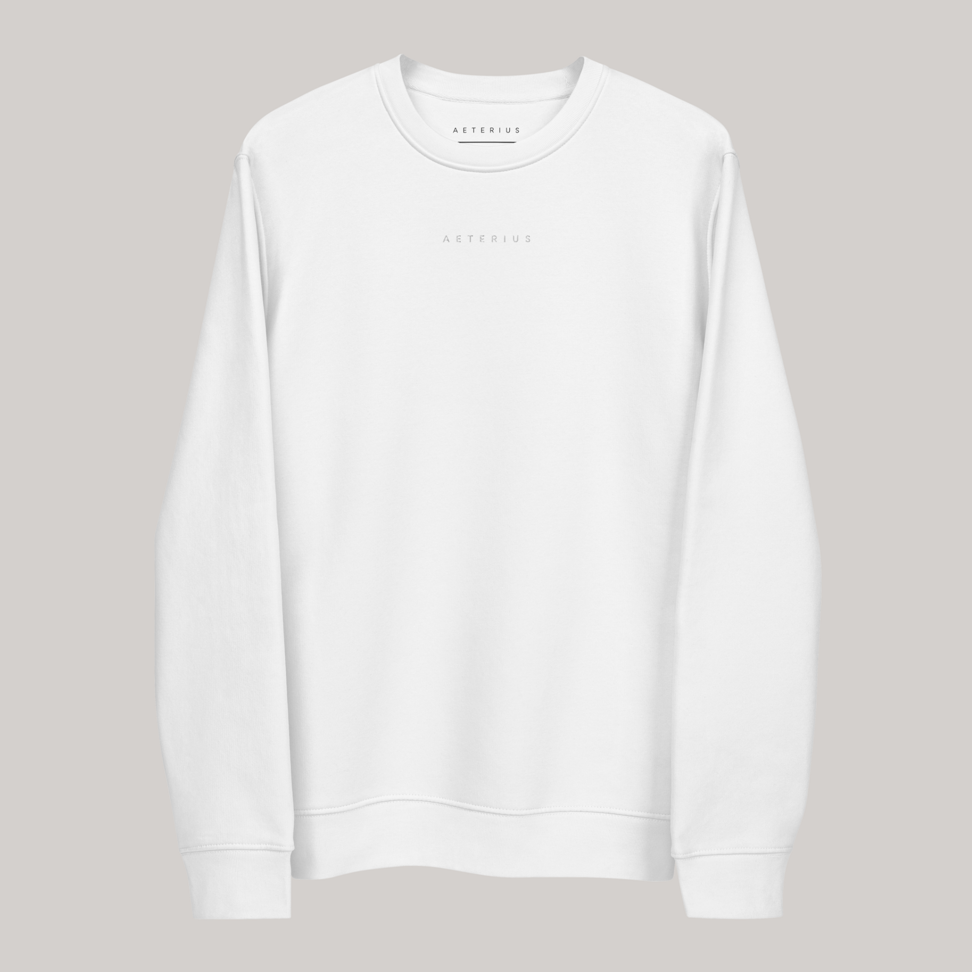 white crewneck sweatshirt with AETERIUS embroidery, luxury streetwear crewneck, white color