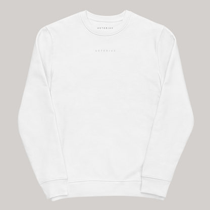 white crewneck sweatshirt with AETERIUS embroidery, luxury streetwear