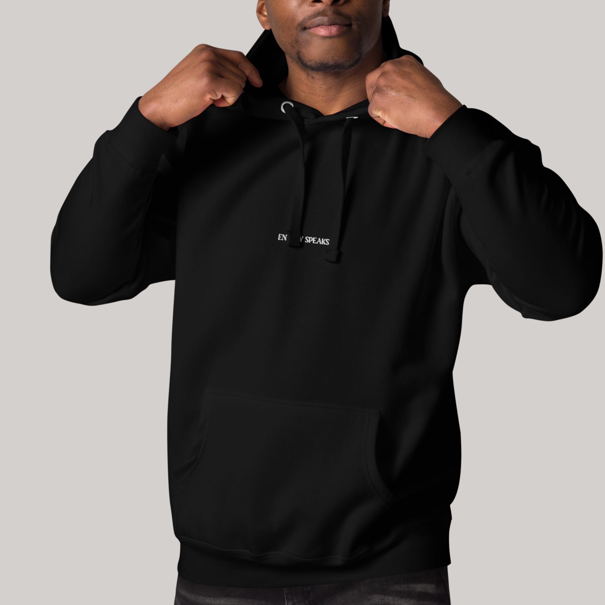 black hoodie 'energy speaks' middle embroidery 