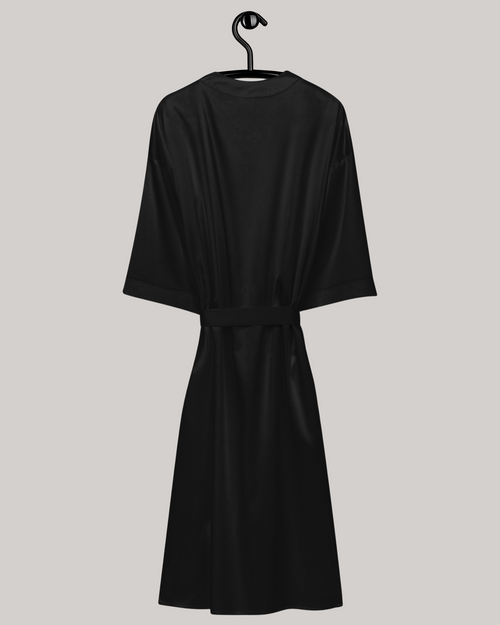 back view of satin kimono robe black premium three quarter sleeves tie belt below knee length on hanger