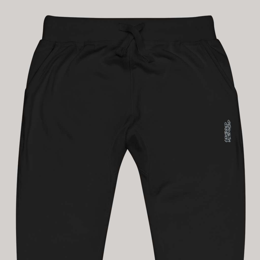 aeterius streetwear black joggers sweatpants tight ankles elastic centered ultramind embroidery