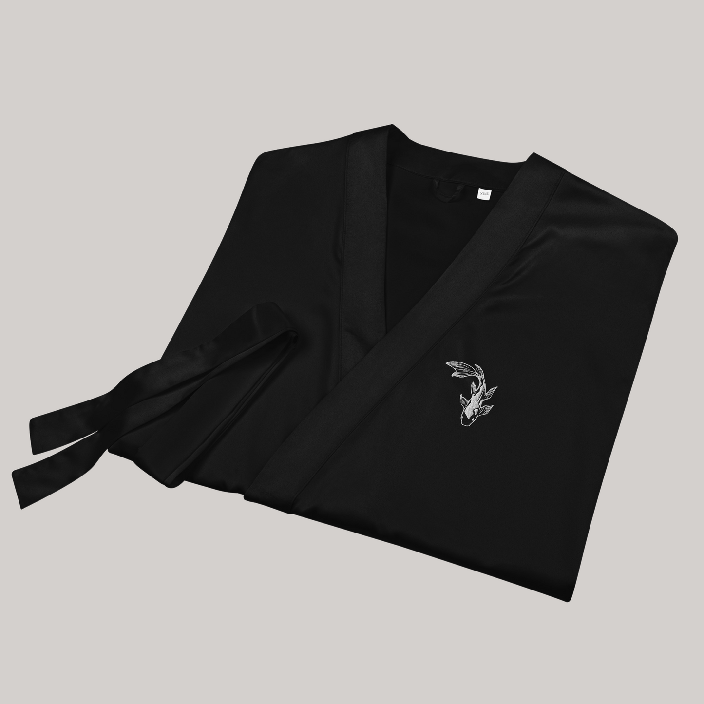 satin robe black kimono folded minimalistic koi fish art embroidered tie belt premium asian prestige 