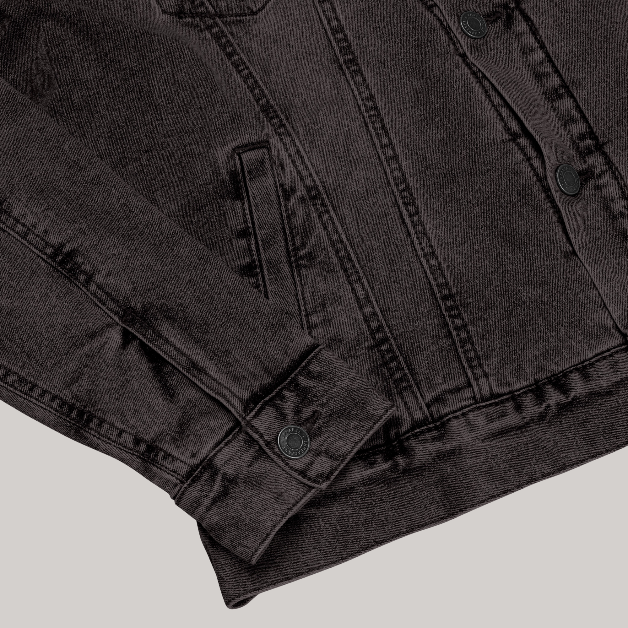 Details of unisex sherpa denim jacket black jeans, metal buttons, sleeve and front pocket