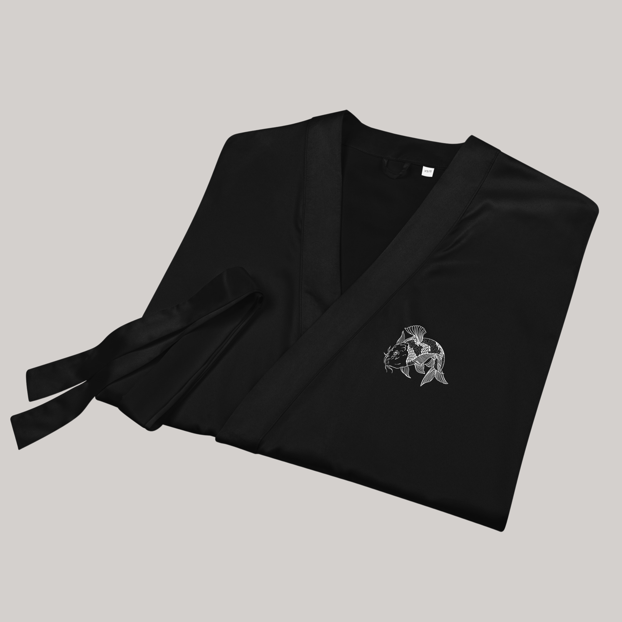 black satin kimono robe folded japanese koi fish embroidery left chest tie belt soft silky premium