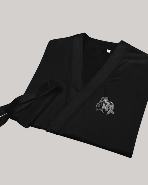 black satin kimono robe folded japanese koi fish embroidery left chest tie belt soft silky premium