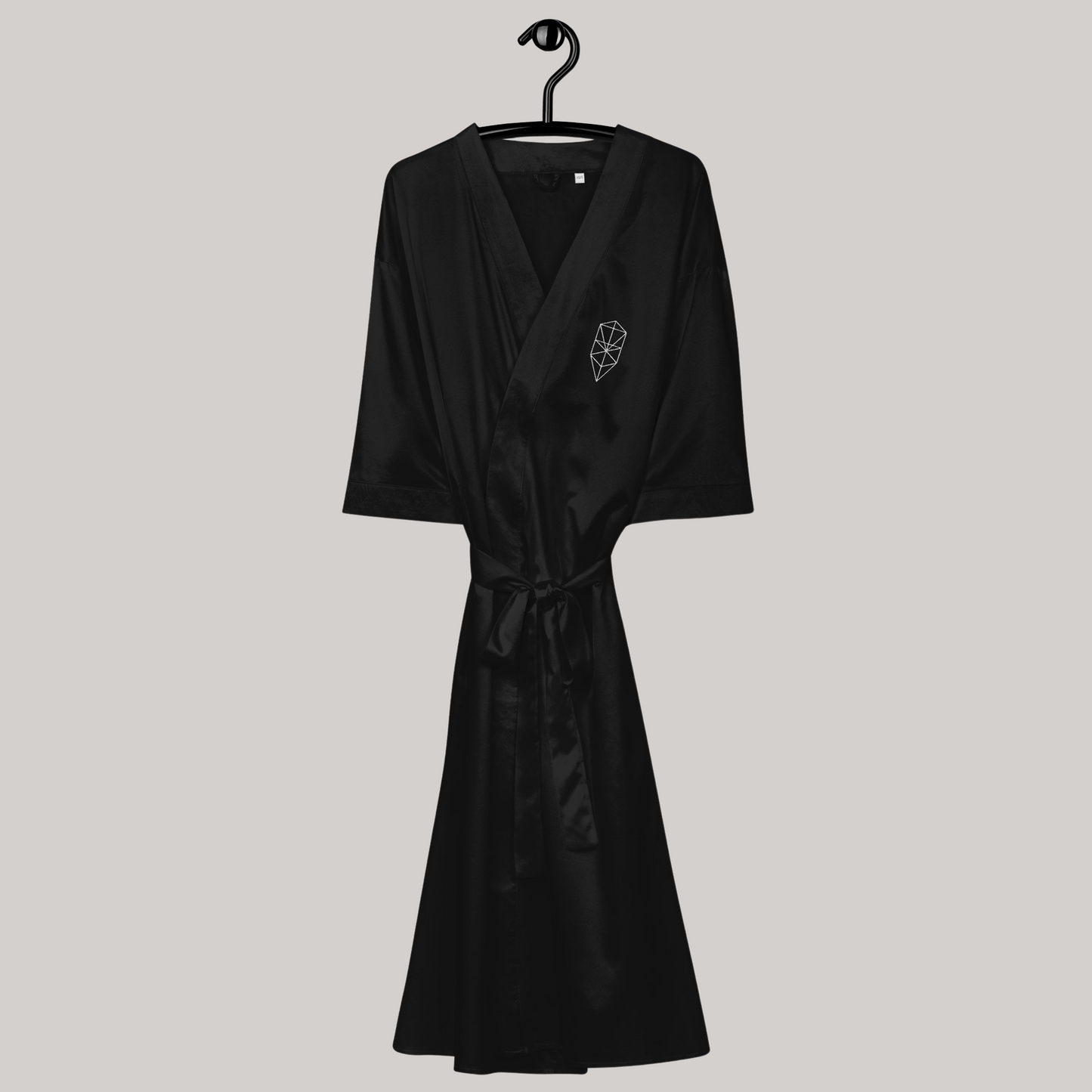 Black satin kimono hanging, tied belt, satin fabric; tree of life left chest symbol embroidery, japanese mystical