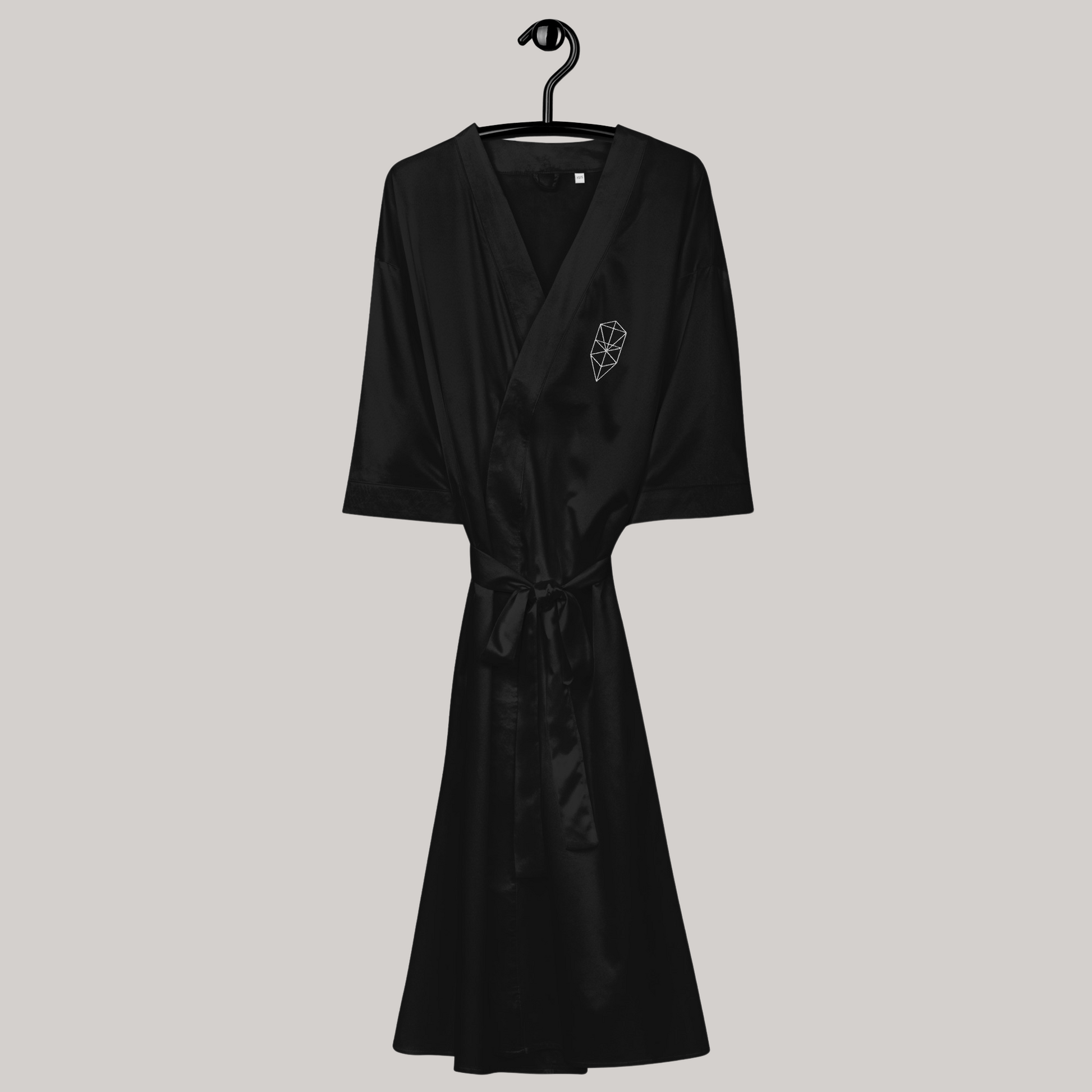 Black satin kimono hanging, tied belt, satin fabric; tree of life left chest symbol embroidery, japanese mystical