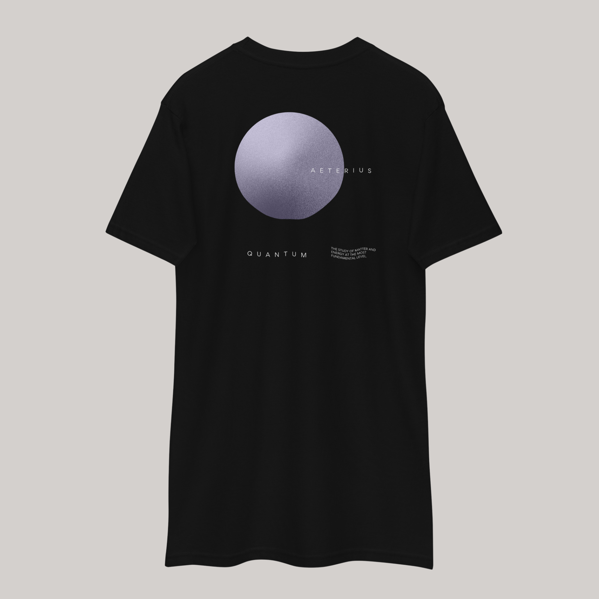 Demo of thick black relaxed fit T-Shirt hanging naturally. Back minimalistic quantic design. Purple grey sphere and scientific text