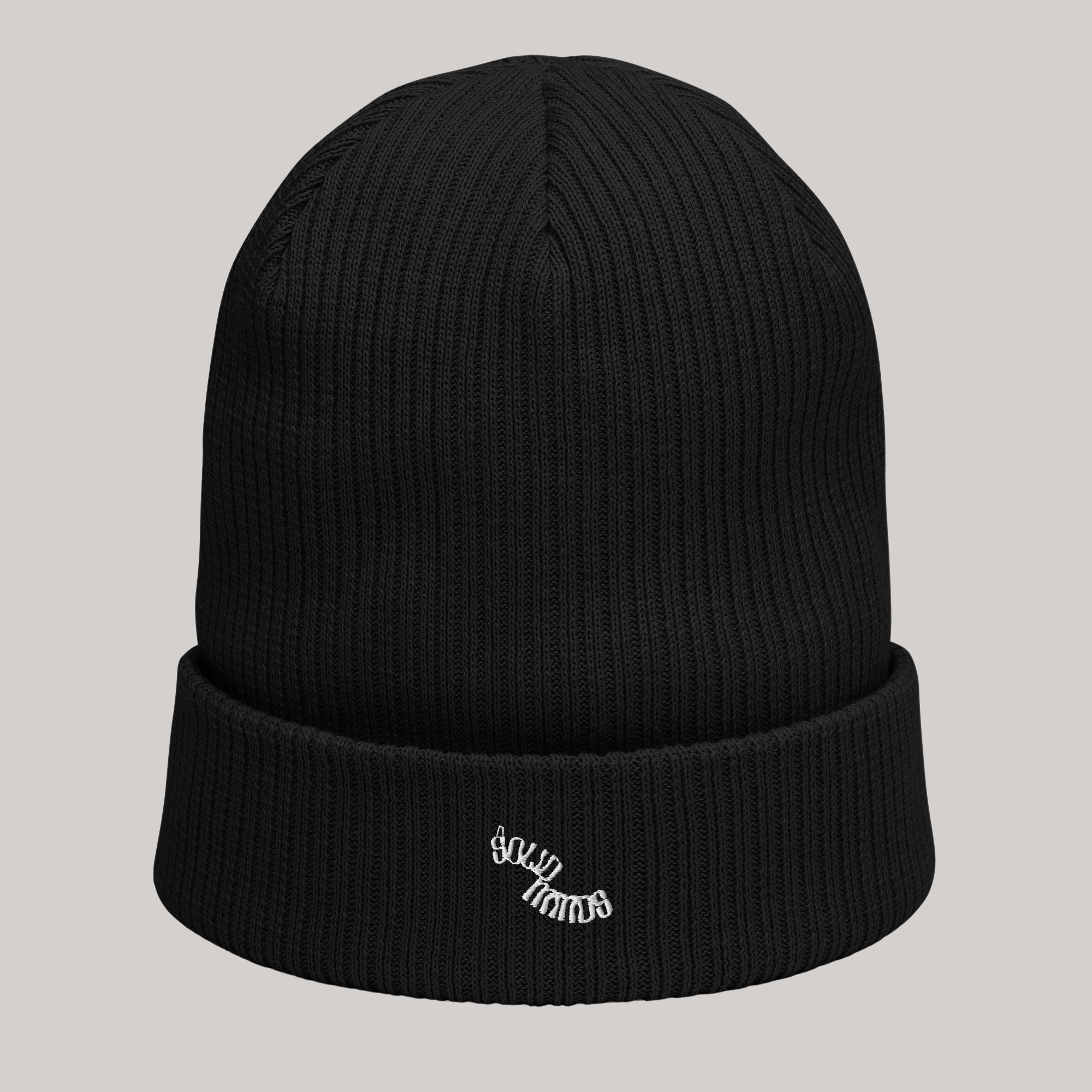 Solid Minds embroidered black ribbed beanie: curved white font