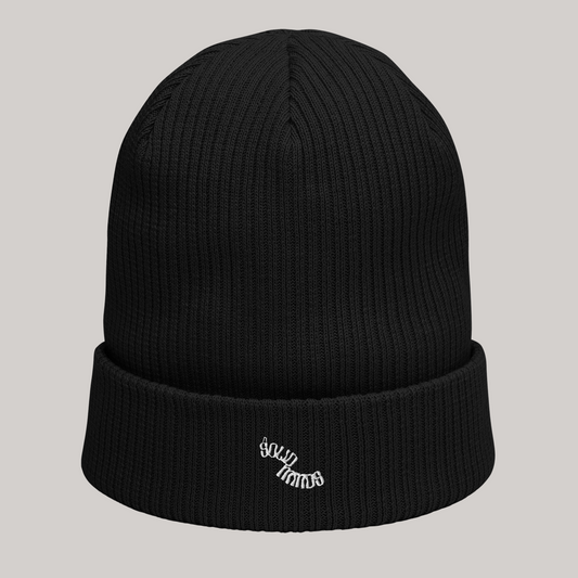 Solid Minds embroidered black ribbed beanie: curved white font