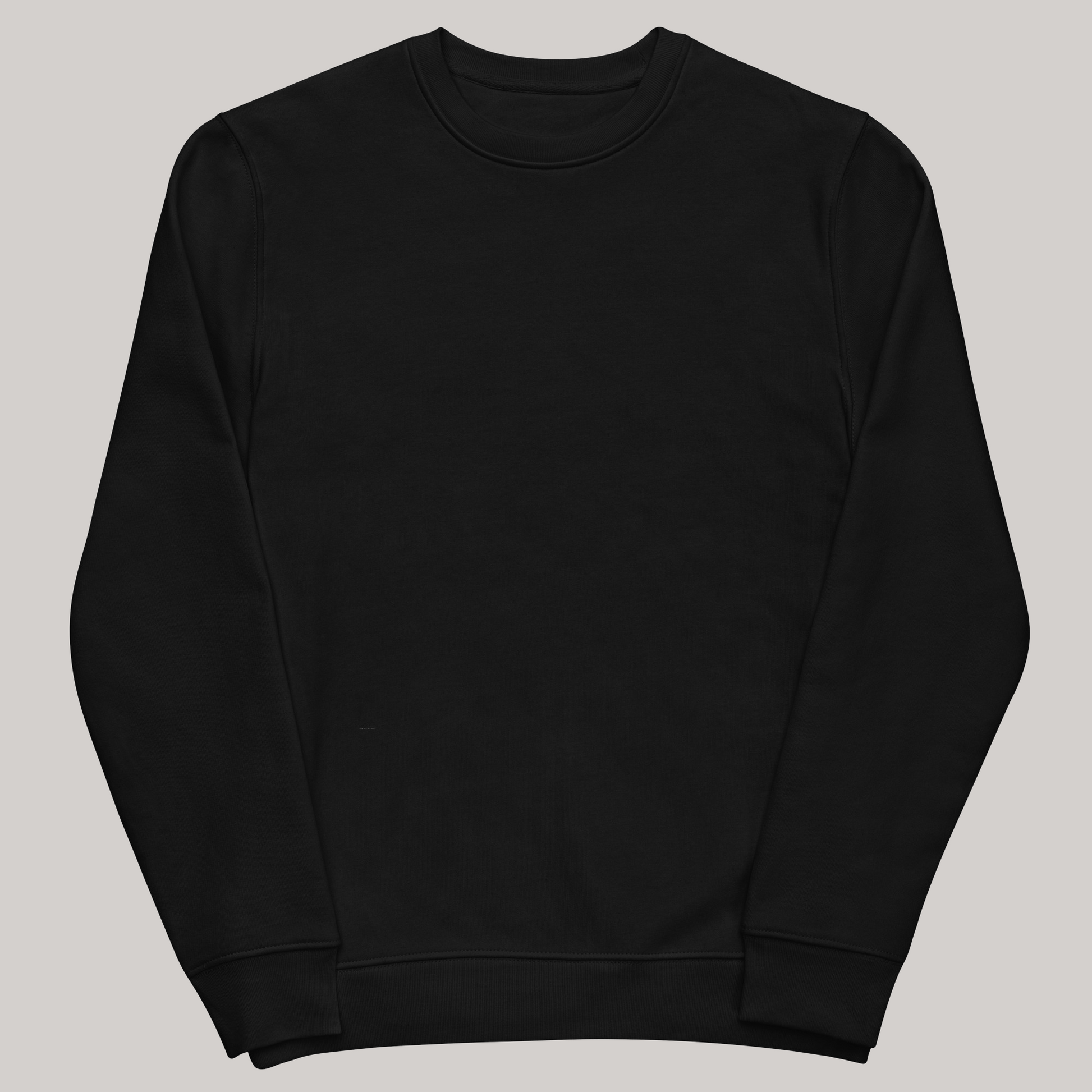 Front side of black crewneck sweatshirt. Combed ring-spun cotton, polyester. Oversized, basic 