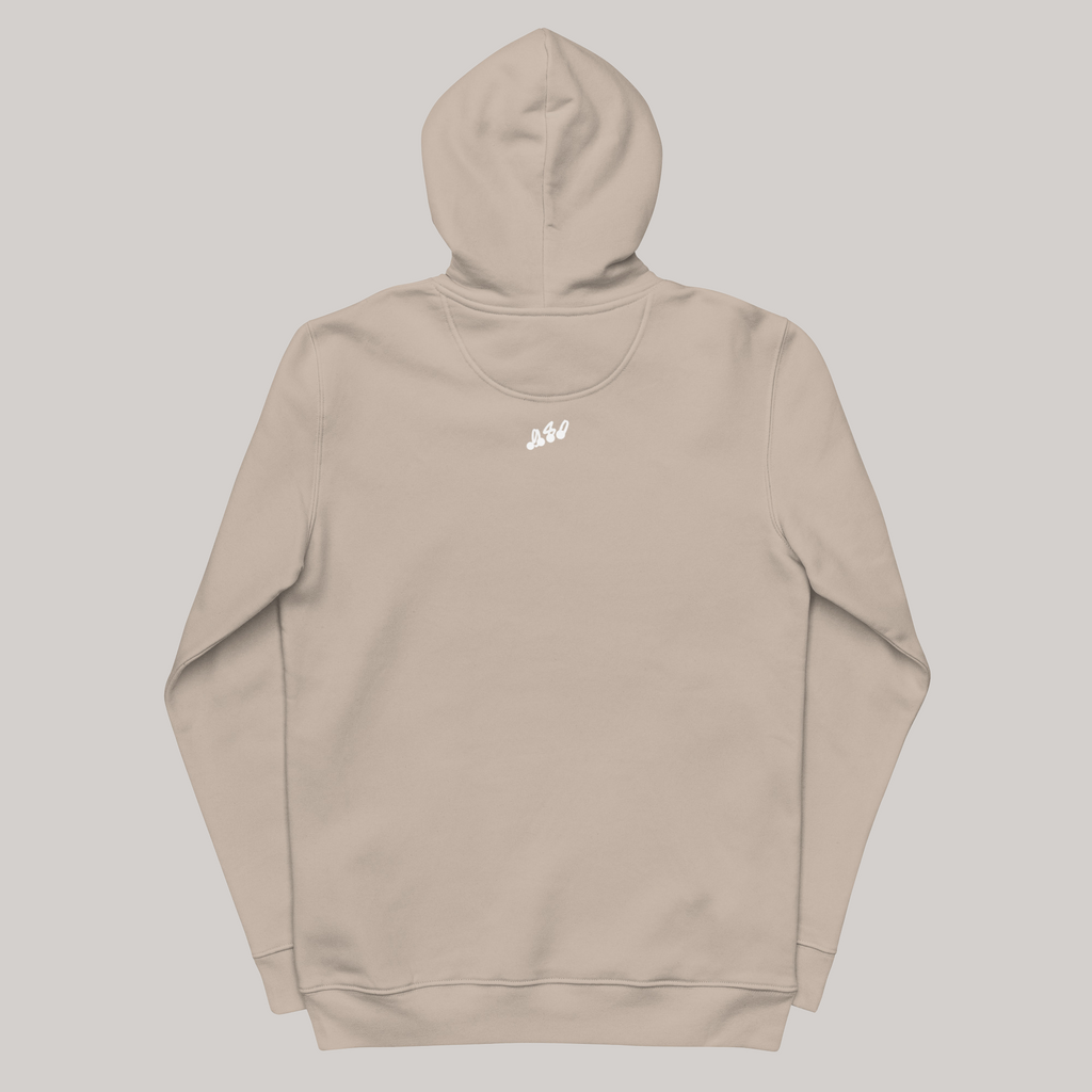 back side of 980 hoodie with logo embroidery: hood hanging up, brown hoodie