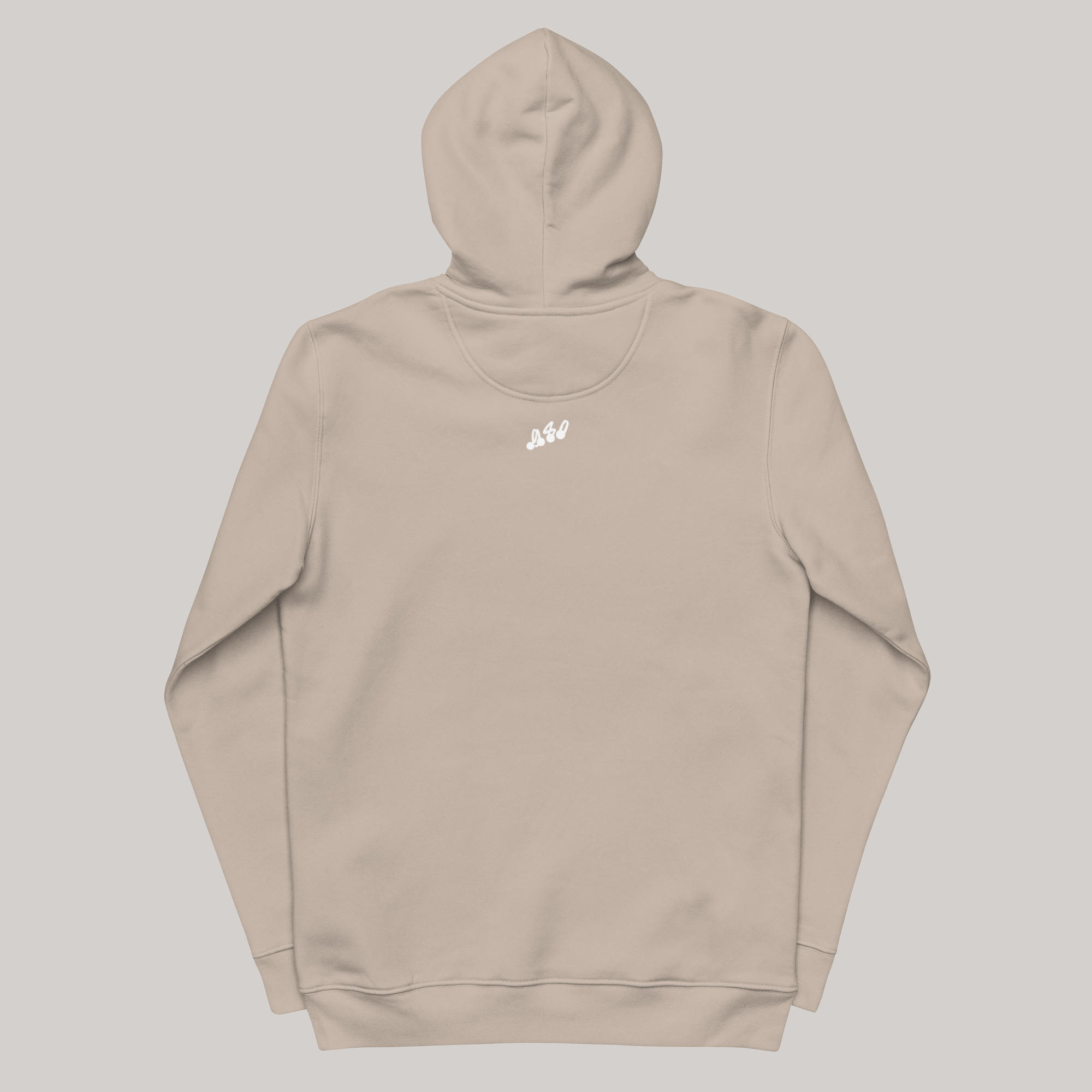 back side of 980 hoodie with logo embroidery: hood hanging up, brown hoodie