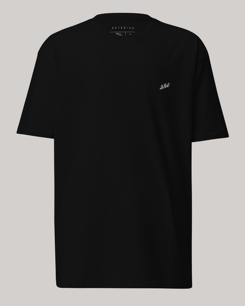 black t shirt, 100% combed ring-spun cotton, thick, '980' small right chest embroidery by AETERIUS streetwear brand