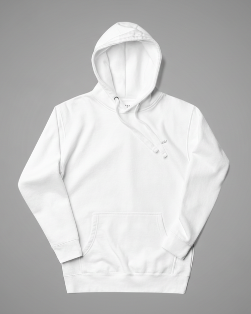 White pullover hoodie laid flat, showing chest embroidery, hood drawstrings and a front pouch pocket.