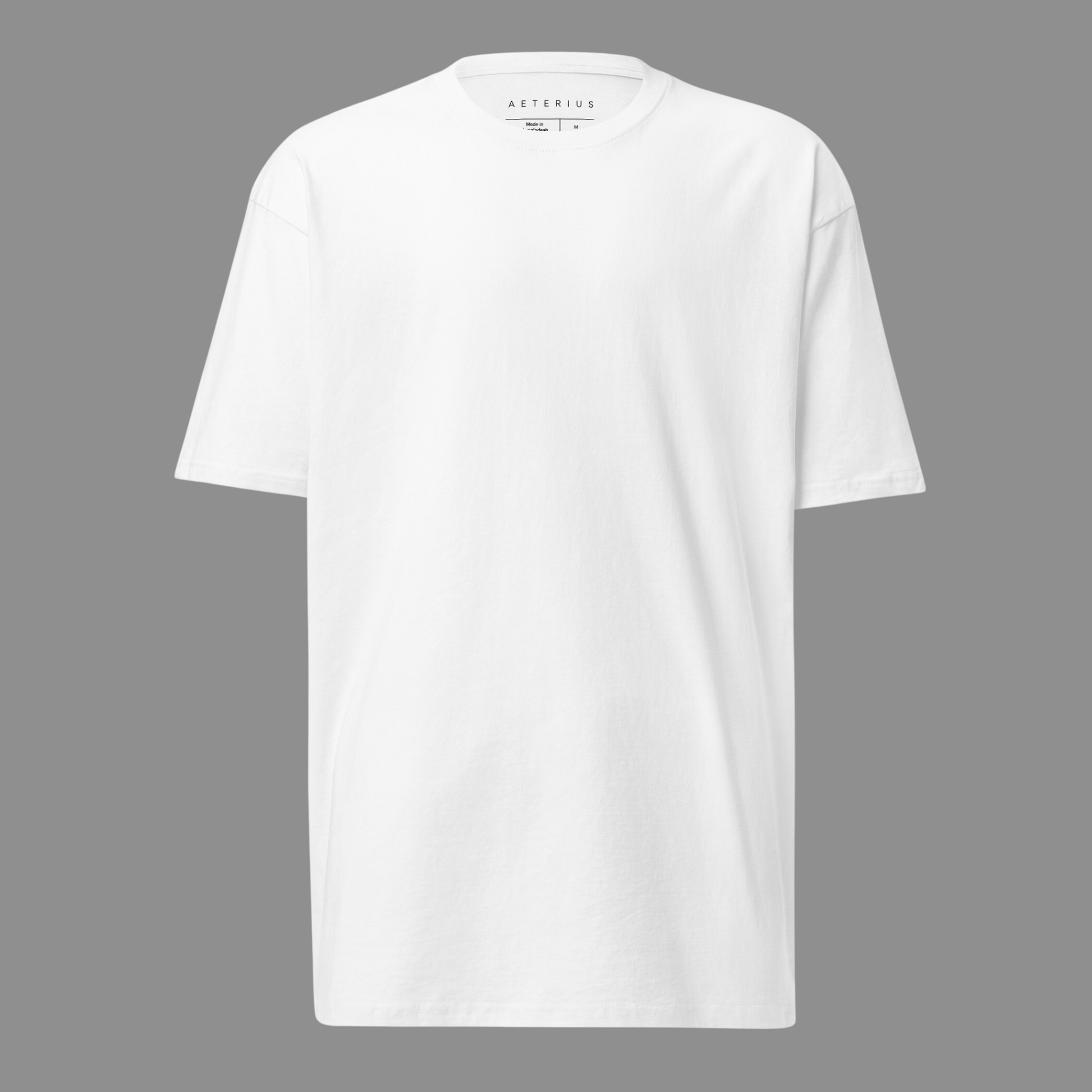 Front side of white t-shirt streetwear combed ring-spun cotton. Thick tee heavy cotton Drop shoulder AETERIUS