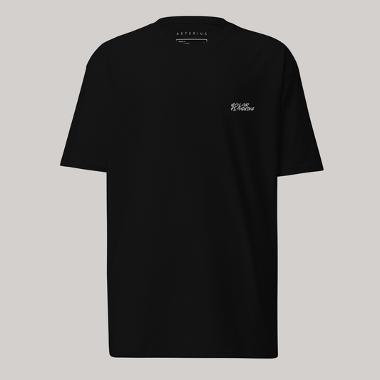 black t-shirt with small left chest embroidery 'solar flashing'  by AETERIUS