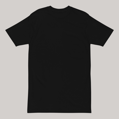 Front side of Oscillating T-Shirt, full black garment. Dropped shoulders, oversized. 100% combed ring-spun luxury cotton