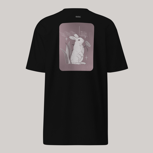 Oscillating black t-shirt aeterius luxury streetwear graphic tee bunny rabbit design print trippy alice in wonderland fairy