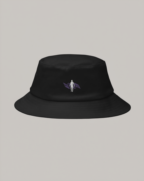 basic black bucket hat with white and purple embroidery of person emanating layers of vibrations aura and consciousness sound waves