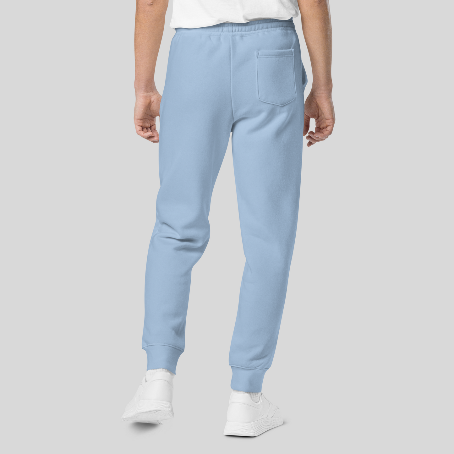 back side of mens light blue joggers with one back pocket on the right side
