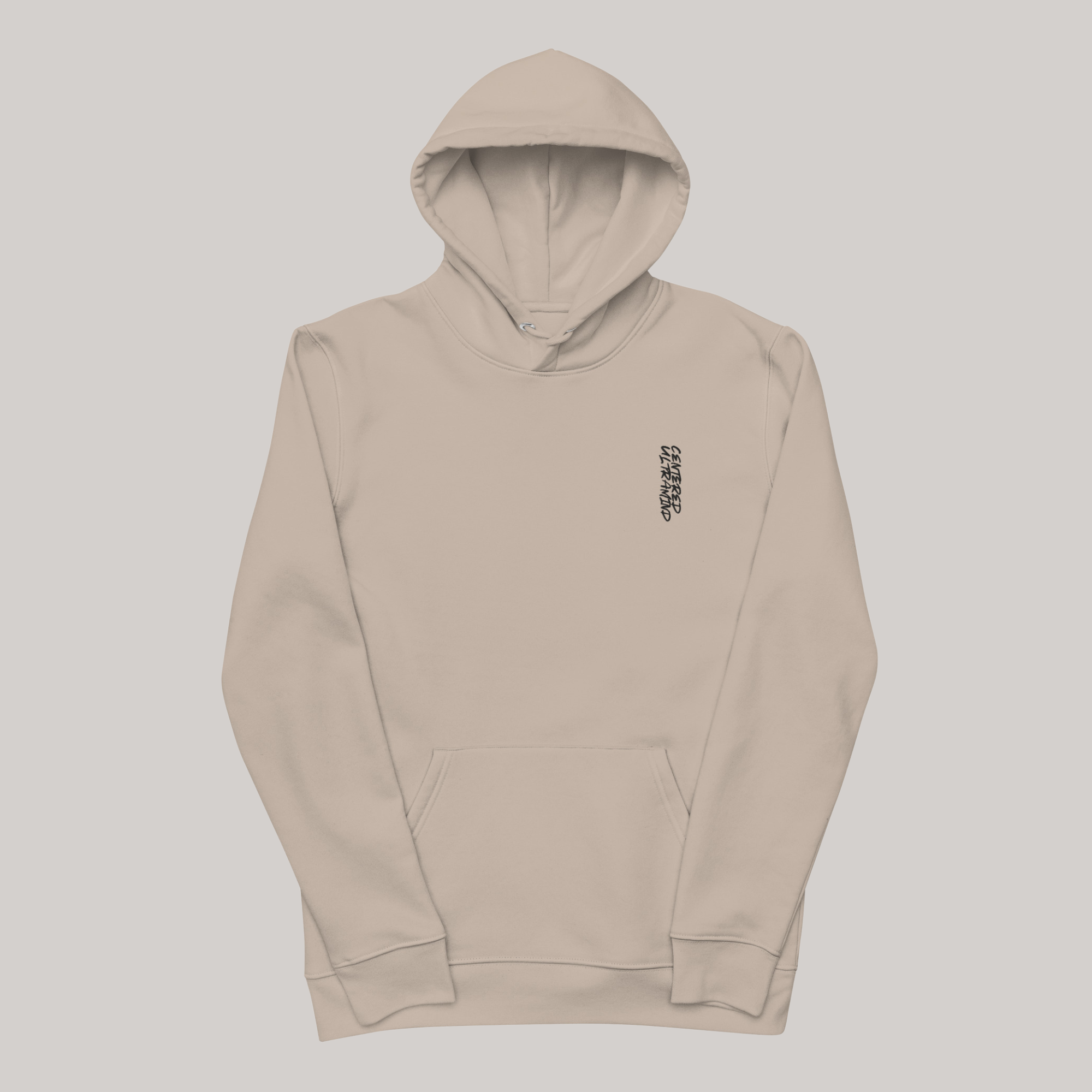 beige/light brown hoodie/sweatshirt with 'centered ultramind' left chest embroidery in black; sleeves folded towards hoodie in product demo