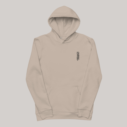 beige/light brown hoodie/sweatshirt with 'centered ultramind' left chest embroidery in black; sleeves folded towards hoodie in product demo