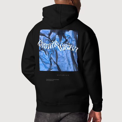 black hoodie 'Cosmic Vision' back side black and blue graphic hoodie luxury streetwear aesthetic