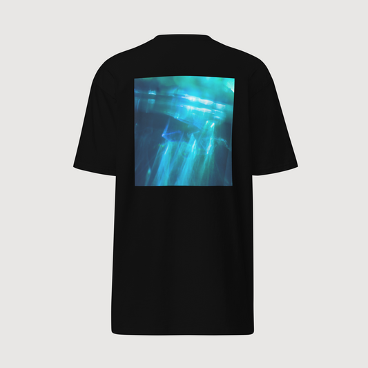 AETERIUS black t-shirt, luxury streetwear aesthetic, black and blue graphic back design 