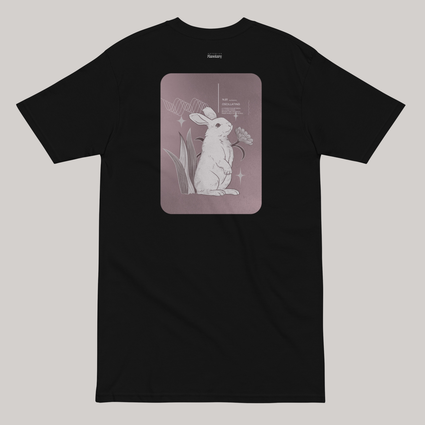 Black t-shirt with bunny rabbit back design, indie aesthetic, retro/vintage clothing by AETERIUS Streetwear